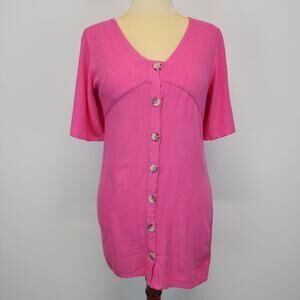 Good Luck Gem Pink Linen Shirt Dress Size S V-neck Mini Flare Sleeve Big Buttons